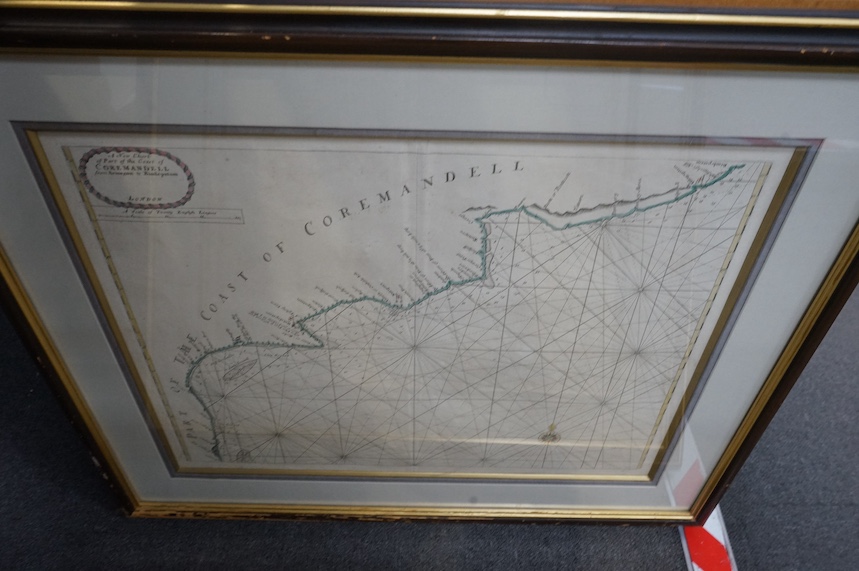 Samuel Thornton (18th. C), set of six coloured maps to include: ‘India’, ‘Coremandell’ and the ‘Coast of Mallabar’, 46 x 55cm. Condition - fair